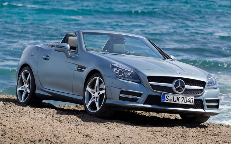 2012-mercedes-benz-SLK350-passengers-front-three-quarters-with-top-down